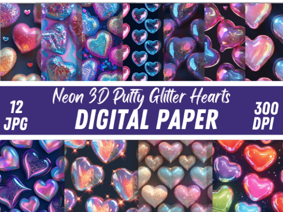 Download Neon 3D Puffy Glitter Hearts Patterns - Heart Collection